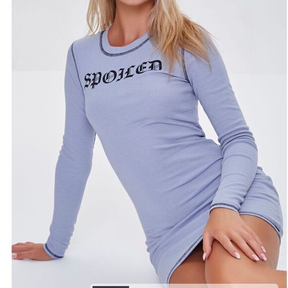 Forever 21 Spoiled Graphic Mini Knit Dress Dusty Blue “Spoiled” M NWT in pkg - Picture 1 of 7